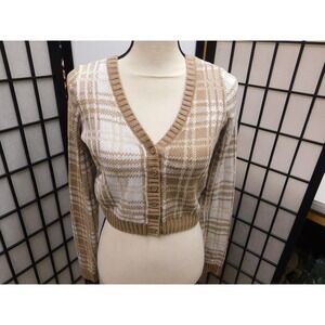 Hollister Cropped Sweater Beige White Plaid Medium